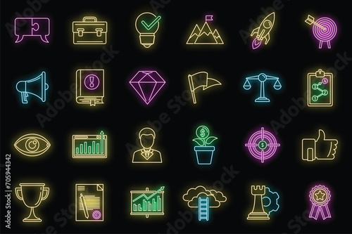 Success mission icons set. Outline set of success mission vector icons neon color on black