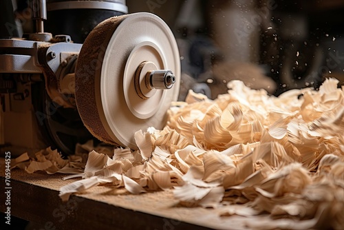 Woodturning lathe covered in fresh wood shavings, illustrating a craftsman's active work. photo