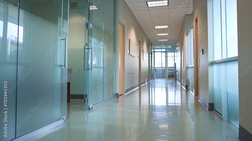 Fototapeta premium Glass walls in corridor at medical clinic