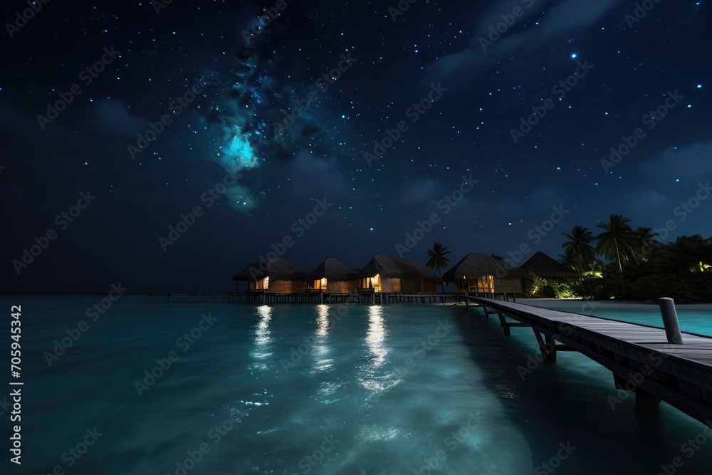 Maldives at night on holiday with the universe in the background - obrazy, fototapety, plakaty 
