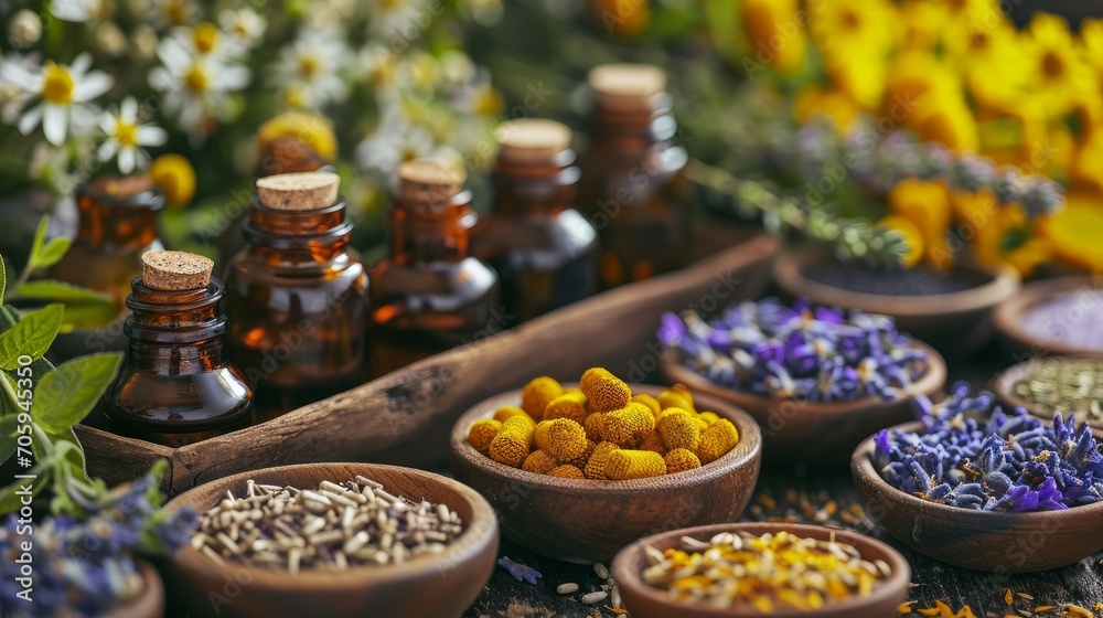 Natural setting focused on medicinal herbs and tinctures used in alternative medicine