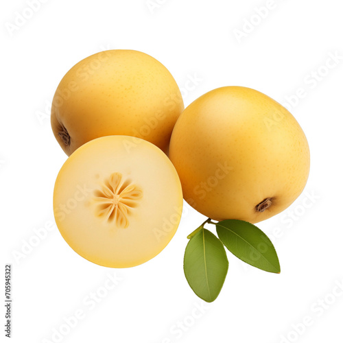 fresh organic marula cut in half sliced with leaves isolated on white background with clipping path photo