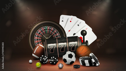 The concept of an online casino and sports betting with carats, chips and dice for poker, balls for football, basketball, baseball, hockey puck in black and gold.