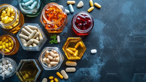 Various capsules and pills with dietary supplements or medicines in hexagonal jars are in the form of a honeycomb photo