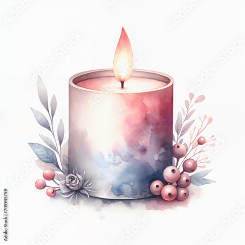 Watercolor pastel-colored candle burning. Flower branches, pink berries on background. Element for decor, design, scrapbook, cards, banner. Christmas, New year, Women's day, Valentine's Day concept