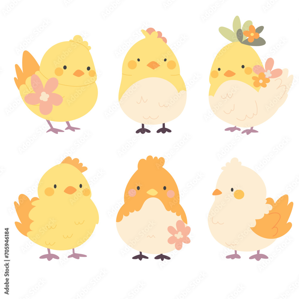 Set of cute cartoon chickens. Funny yellow chickens in different poses, vector Set of cute cartoon chickens. Funny yellow chickens in different poses, vector