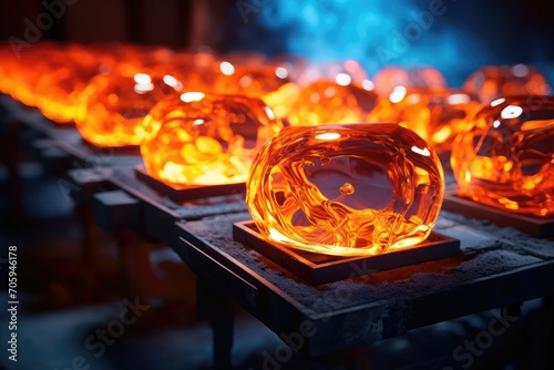 Glowing glass spheres lined up on a shelf in a fiery glassblowing furnace.