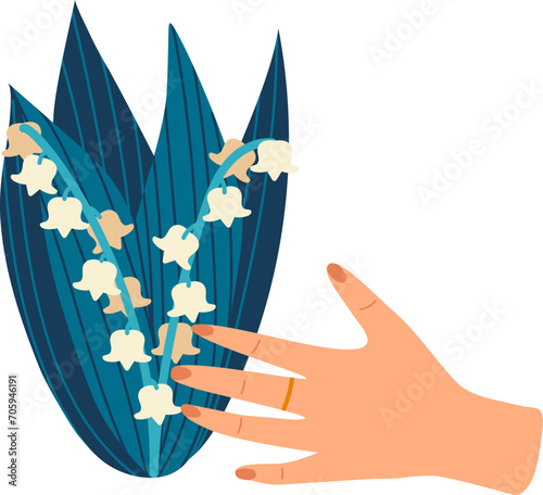 Hand touching a flowering plant with blue leaves and white flowers. A person admiring nature s beauty. Botanical curiosity vector illustration.