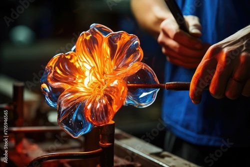 Glowing orange glass flower being crafted by a skilled glassblower.