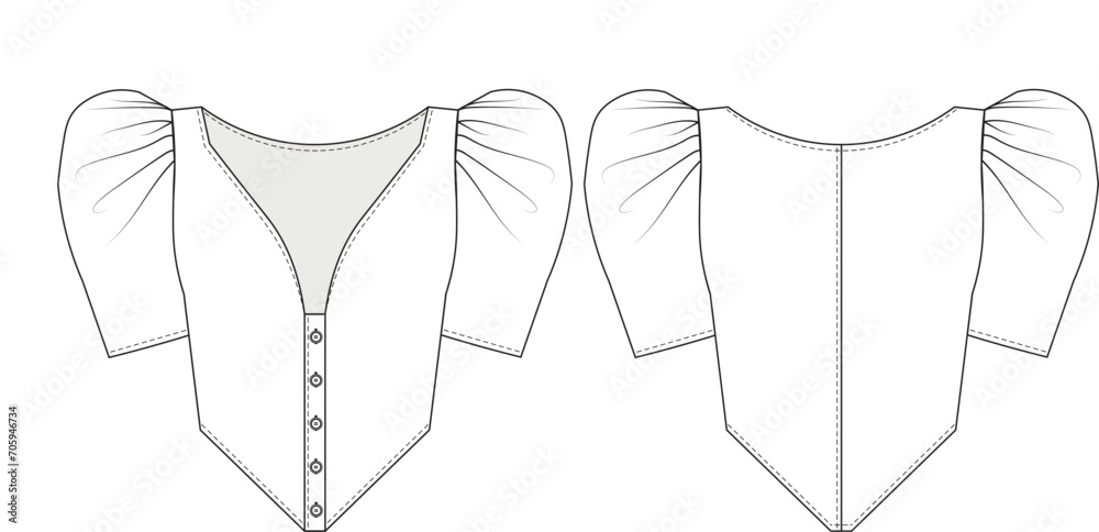 draped balloon short sleeve buttoned diamond hem shirt blouse template technical drawing flat sketch cad mockup fashion woman design style model