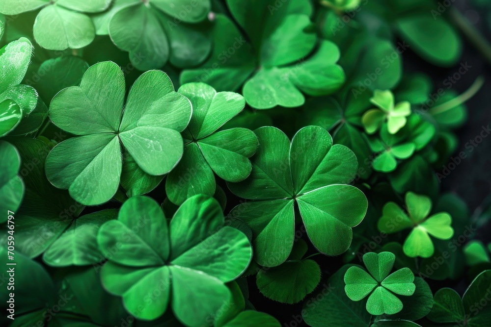 Green clover leaves with dew drops.  Green clover leaves in sunlight. St. Patrick's Day background. St. Patrick's Day background with shamrocks and bokeh. Saint Patrick's Day Concept with Copy Space. - obrazy, fototapety, plakaty 