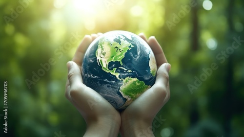Human hands holding blue earth global for earth day concept on blur nature background. Generate AI