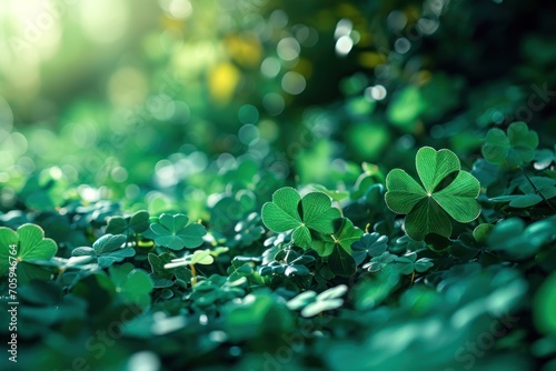 Green clover leaves with dew drops. Green clover leaves in sunlight. St. Patrick's Day background. St. Patrick's Day background with shamrocks and bokeh. Saint Patrick's Day Concept with Copy Space.