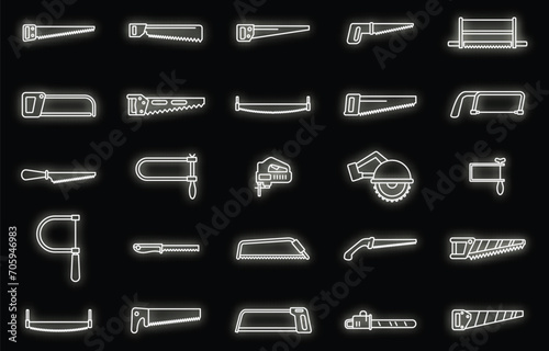 Home saw icons set. Outline set of home saw vector icons neon color on black