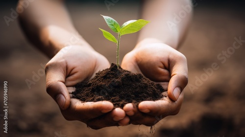 Hands holding soil with new plant nature green earth ecology concept. Generate AI image