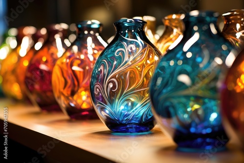 Row of vibrant handcrafted glass vases with intricate patterns. photo