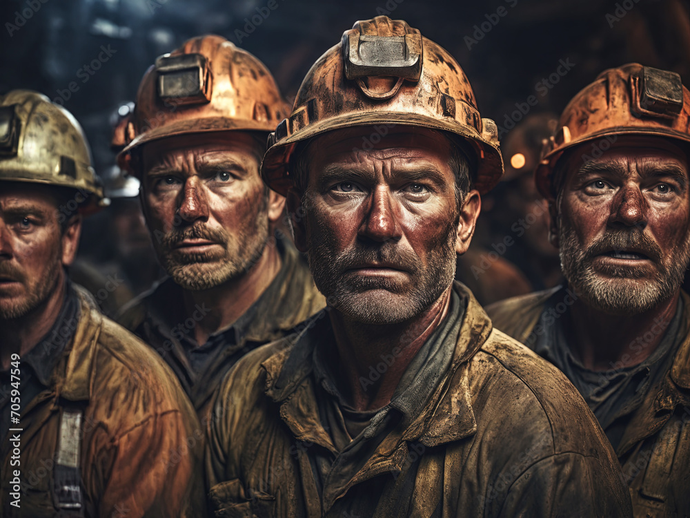 Tired exhausted copper miners in mine, dirty faces, clothing and hardhats