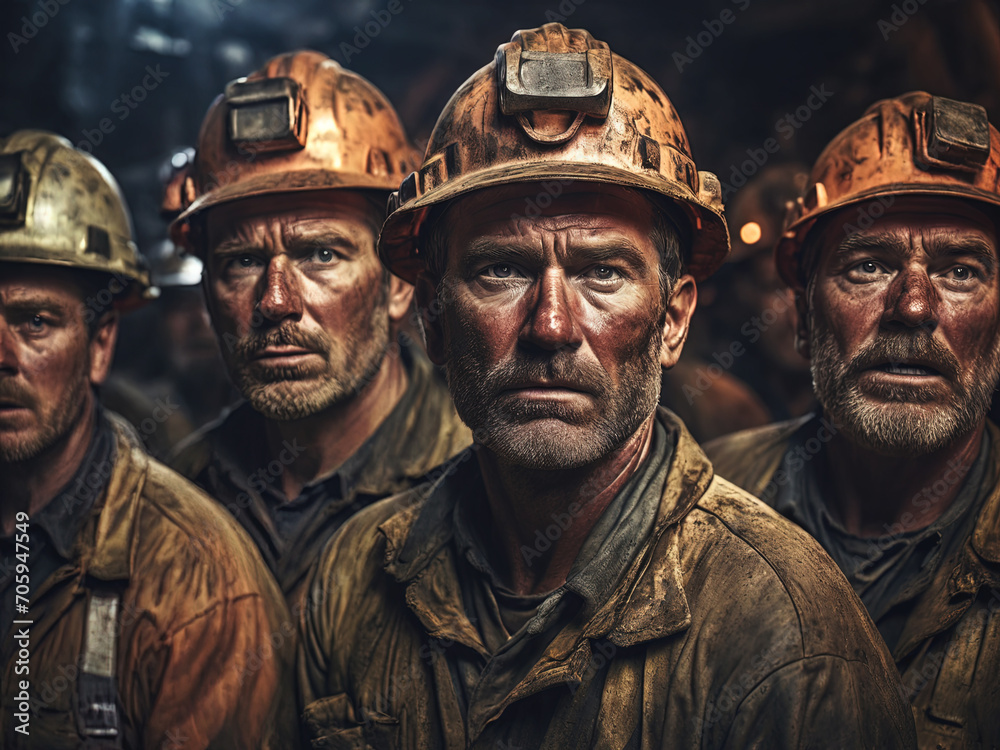 Tired exhausted copper miners in mine, dirty faces, clothing and hardhats Tired exhausted copper miners in mine, dirty faces, clothing and hardhats