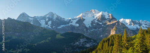 The panorama of Bernese alps with the Jungfrau, Monch and Eiger peaks in the morning light.