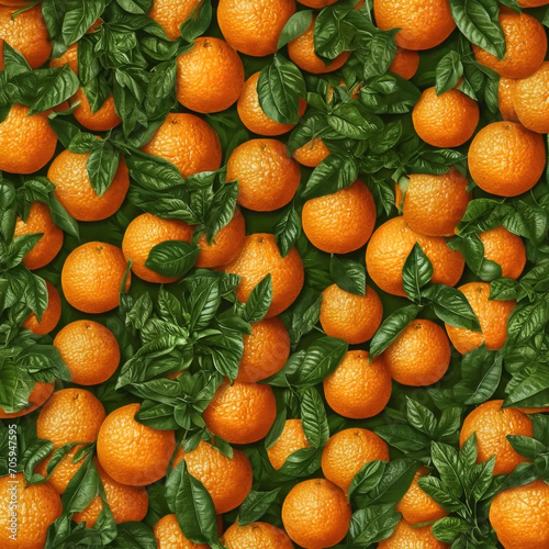 Ripe oranges and green leaves forming beautiful natural pattern, top view generative ai illustration