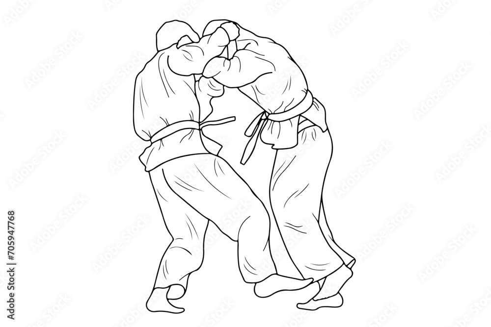Line drawing of two young sportive judoka fighter. Judoist, judoka, athlete, duel, fight, judo