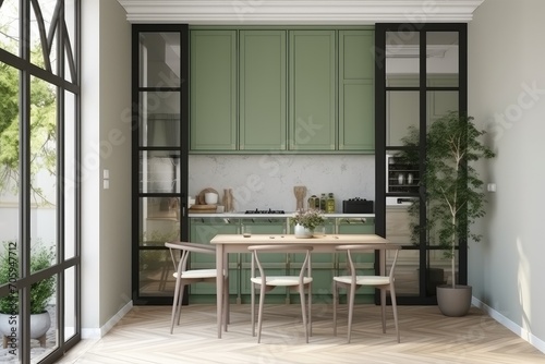 Modern design kitchen with sage green cabinet marble coun