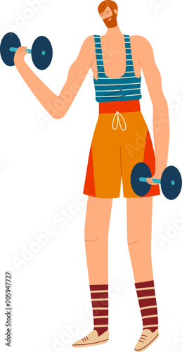 Redheaded muscular man in vintage gym clothing lifting dumbbells. Retro athlete in striped tank top exercising. Strength training and bodybuilding vector illustration.