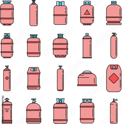 Industrial gas cylinders icons set. Outline set of industrial gas cylinders vector icons thin line color flat on white
