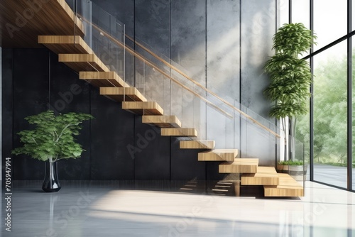 Modern elegant L shape wood cantilever stair 