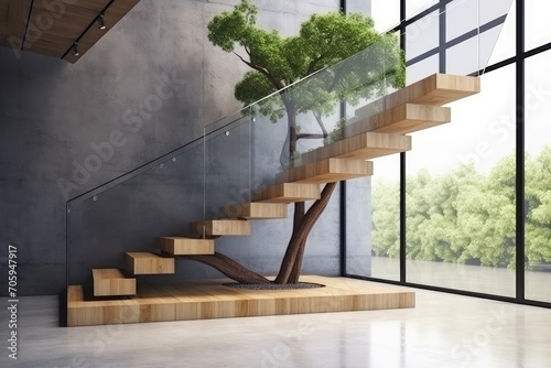 Modern elegant L shape wood cantilever stair  photo