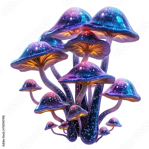 Psychedelic mushrooms: bioluminescent fungi and spores isolated on white background, png 