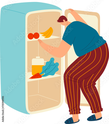 Man in blue shirt searching refrigerator with food. Adult male looking for meal in fridge at home. Domestic life and kitchen routine vector illustration. © Seahorsevector