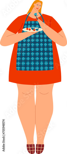 Caucasian woman tasting food in kitchen, cook with apron holding a spoon. Homemaking and cooking enjoyment, food blogger vector illustration.