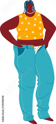 Confident plus size woman standing with hands on hips. Stylish full-figured female character, body positivity theme vector illustration.