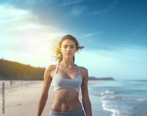 Young athletic woman walking on a beach