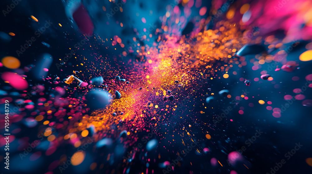 Vibrant explosion of 3D particles, arranged in an elaborate composition, dominated by shades of midnight blue and charcoal, interspersed with bright yellow and magenta. - obrazy, fototapety, plakaty 