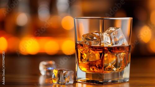 Close to the camera, a glass of whiskey with ice on a wooden table on a black background.