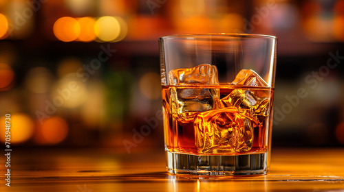Close to the camera, a glass of whiskey with ice on a wooden table on a black background.