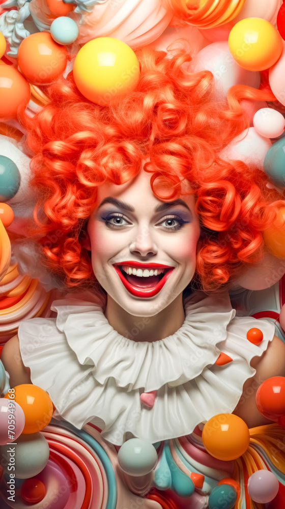 woman dressed as a clown with bright orange hair and a joyous expression, surrounded by a playful swirl of colorful balloons, capturing the fun and whimsy of clowning
