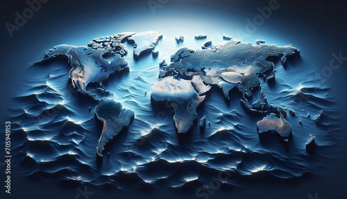 World map on slightly wavy sea with illumination from above 