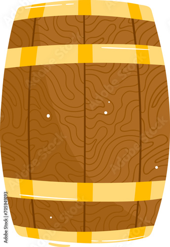 Brown wooden barrel with yellow bands, detailed wood texture. Antique storage container for wine or beer vector illustration.
