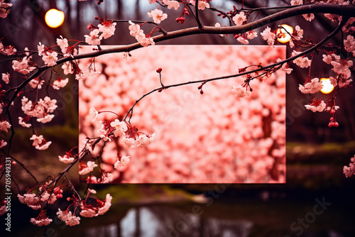Beautiful cherry blossom on dark background with bokeh. Valentine's Day greeting card mockup with blank frame for your words of love.