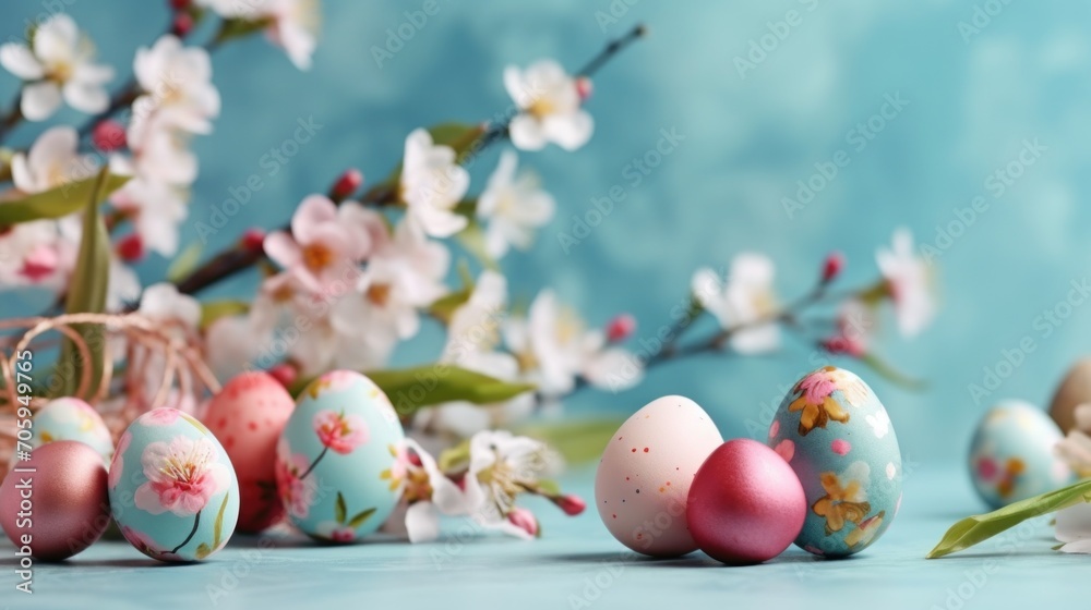 Colorful Easter eggs with spring blossom flowers on light blue background. Greeting card with copy space. Banner.