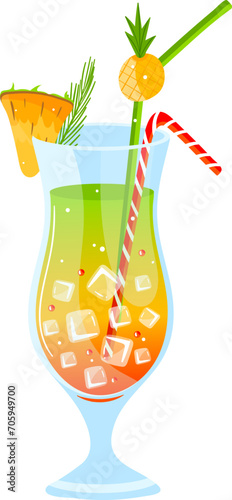Colorful tropical cocktail with pineapple and ice cubes. Summer refreshing drink with striped straw and fruit garnish vector illustration.