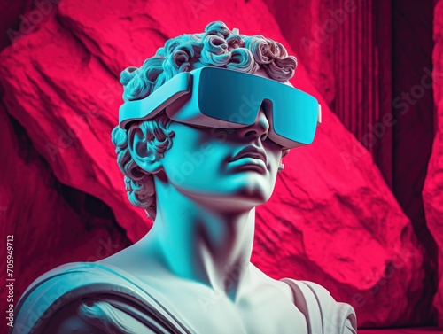 Marble figure into a futuristic scene by placing VR goggles on its eyes, creating a juxtaposition of ancient art and modern technology, neon pink color
