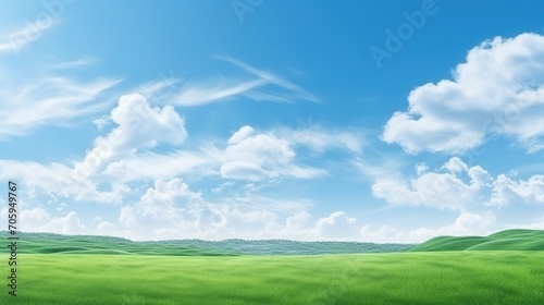 Nature scenic of green grass field and blue sky with white clouds clear sky background. Generate AI