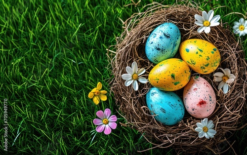 Nest with easter eggs in gr...