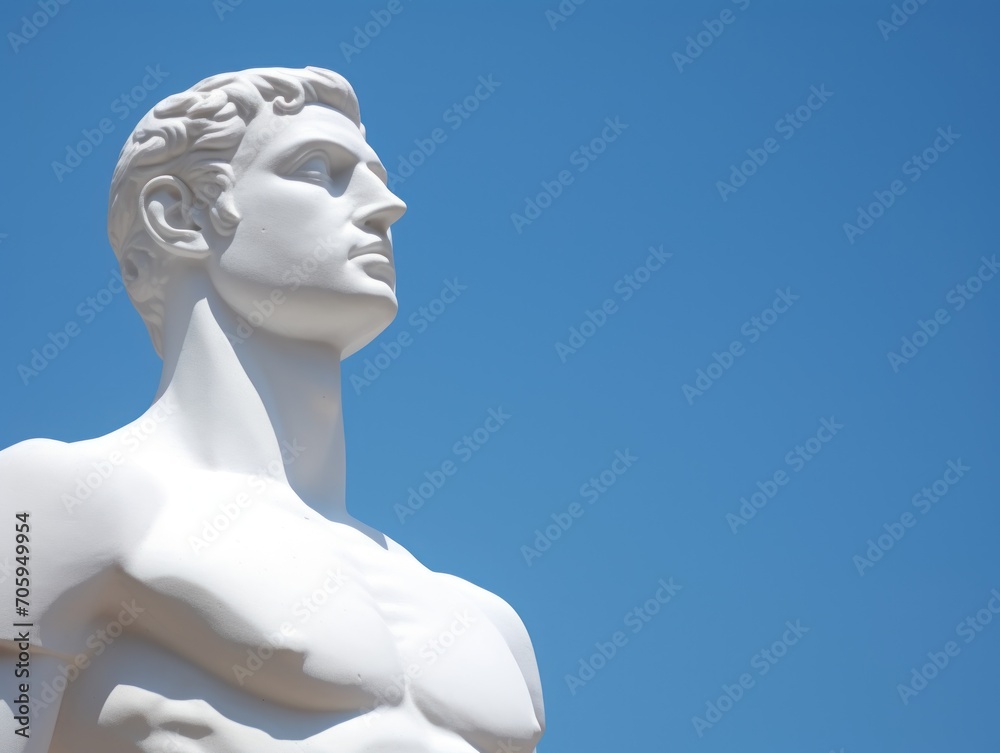 Classical marble figure against a clear blue sky, emphasizing the simplicity and purity of form, copy space