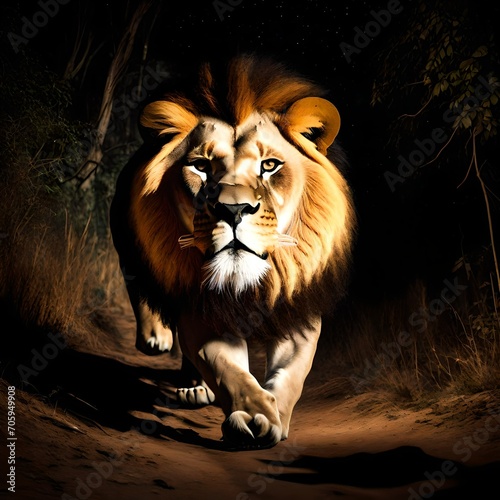 image of night trail camera footage of a giant lion in the jungle or desert
