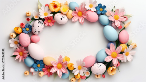 Easter wreath of pastel pink and blue eggs on white background. Religion tradition pattern. View from above. Flat lay style. Happy Easter. Greeting card. Copy space.
